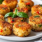 Crispy Veggie Quinoa Bites On A White Plate Garnished With Fresh Basil And A Drizzle Of Olive Oil