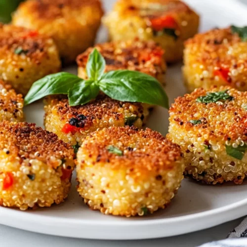 Crispy Veggie Quinoa Bites On A White Plate Garnished With Fresh Basil And A Drizzle Of Olive Oil