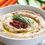 Bowl Of Warm Tuscan White Bean Dip Garnished With Green Onions And Rosemary, Served With Fresh Veggies On A Wooden Table