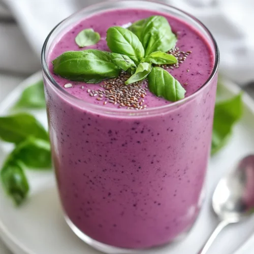 Weight Loss Blueberry Smoothie In A Clear Glass, Garnished With Fresh Basil And Flaxseed, On A White Plate.