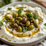 Whipped Ricotta Dip With Olives And Pistachios In A White Bowl Garnished With Fresh Mint And Harissa Oil