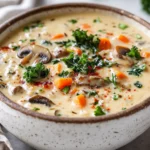Bowl Of Wild Rice Soup Garnished With Parsley And Red Pepper Flakes On A Neutral Surface