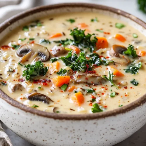 Bowl Of Wild Rice Soup Garnished With Parsley And Red Pepper Flakes On A Neutral Surface