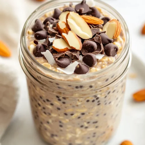 Almond Joy Overnight Oats: A Healthy, Indulgent Breakfast Recipe 2 Almond Joy Overnight Oats In A Mason Jar Topped With Chocolate Chips, Almonds, And Coconut Flakes On A White Plate