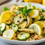 Artichoke Courgette Salad In A White Bowl Garnished With Mint And Lemon Wedges, Showcasing Vibrant Colors And Textures.