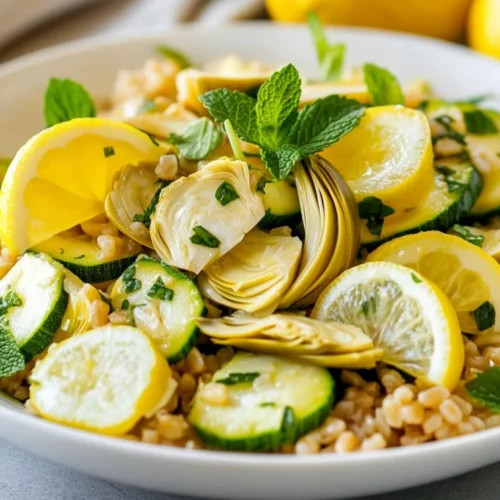 Artichoke Courgette Salad In A White Bowl Garnished With Mint And Lemon Wedges, Showcasing Vibrant Colors And Textures.
