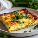 Freshly Baked Artichoke Egg Casserole On A White Plate, Garnished With Green Onions And Parsley