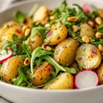Arugula Pesto Potato Salad With Roasted Potatoes, Fresh Arugula, And Radishes Served In A White Bowl