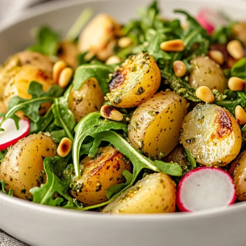 Arugula Pesto Potato Salad: A Perfect Healthy Side Dish 2 Arugula Pesto Potato Salad With Roasted Potatoes, Fresh Arugula, And Radishes Served In A White Bowl
