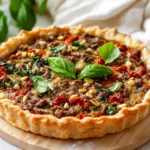 Asiago Beef Tart On A Wooden Cutting Board, Garnished With Fresh Basil And Pine Nuts, Showcasing A Golden Crust.