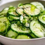 Bowl Of Asian Cucumber Salad With Sesame Seeds And Scallions On A White Surface, Fresh And Vibrant