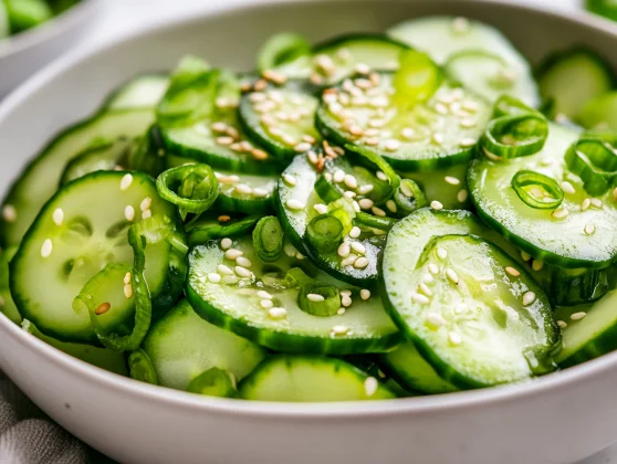 Bowl Of Asian Cucumber Salad With Sesame Seeds And Scallions On A White Surface, Fresh And Vibrant