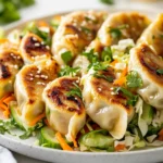 Asian Dumplings With Slaw On A White Plate, Garnished With Coriander And Spring Onion, Fresh And Colorful.