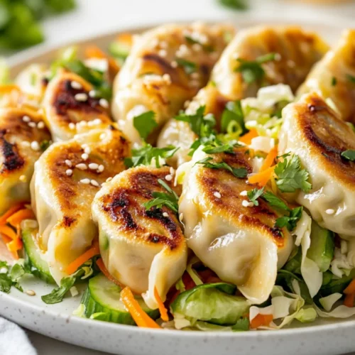 Asian Dumplings With Slaw: A Healthy Flavor-Packed Meal 2 Asian Dumplings With Slaw On A White Plate, Garnished With Coriander And Spring Onion, Fresh And Colorful.