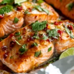 Asian Salmon Foil Packets With Caramelized Onions And Fresh Mint On A White Plate, Garnished With Lime Zest.