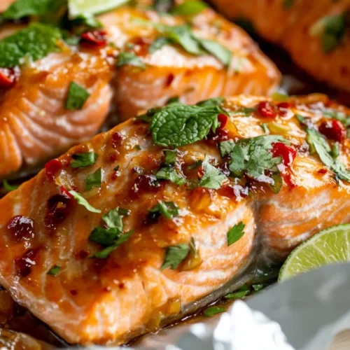 Asian Salmon Foil Packets - A Healthy &Amp; Easy Dinner Recipe 2 Asian Salmon Foil Packets With Caramelized Onions And Fresh Mint On A White Plate, Garnished With Lime Zest.