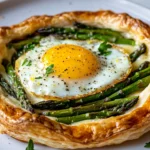 Asparagus Puff Pastry Tart With Eggs On A White Plate, Garnished With Fresh Herbs And Lemon Zest