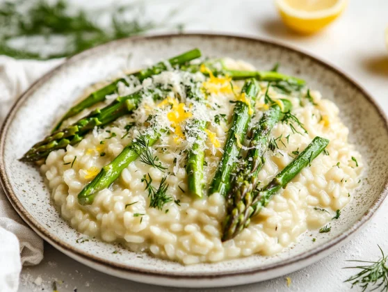 Creamy Asparagus Risotto – Healthy, Flavorful Perfection 2 Creamy Asparagus Risotto On A Rustic White Plate Topped With Parmesan, Lemon Zest, And Dill