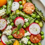 Vibrant Asparagus Salad With Feta Topped With Mint And Parsley Served In A White Bowl On A Neutral Background