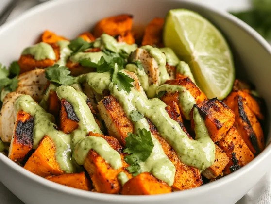 Avocado Mojo Bowls: A Delicious &Amp; Nutritious Meal 2 Avocado Mojo Bowls With Roasted Sweet Potatoes And Chicken, Drizzled With Avocado Sauce And Garnished With Cilantro.