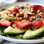 A Colorful Avocado Strawberry Spinach Salad On A White Plate With Quinoa, Walnuts, And Hemp Hearts