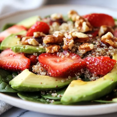 Avocado Strawberry Spinach Salad: A Fresh, Healthy Favorite 2 A Colorful Avocado Strawberry Spinach Salad On A White Plate With Quinoa, Walnuts, And Hemp Hearts