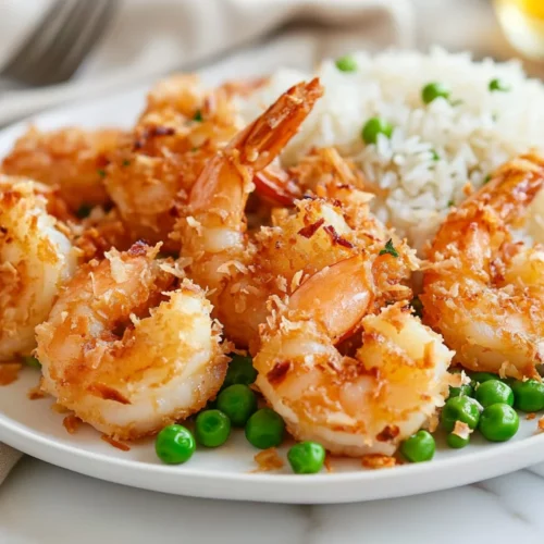 Baked Coconut Shrimp With Honey Butter Sauce And Jasmine Rice 2 Baked Coconut Shrimp On A White Plate With Jasmine Rice, Drizzled With Honey Butter Sauce And Peas