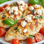 Baked Feta Chicken On A White Plate With Grape Tomatoes And Fresh Basil Garnishes