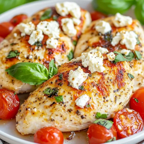 The Best Baked Feta Chicken Recipe For A Healthy Dinner 2 Baked Feta Chicken On A White Plate With Grape Tomatoes And Fresh Basil Garnishes