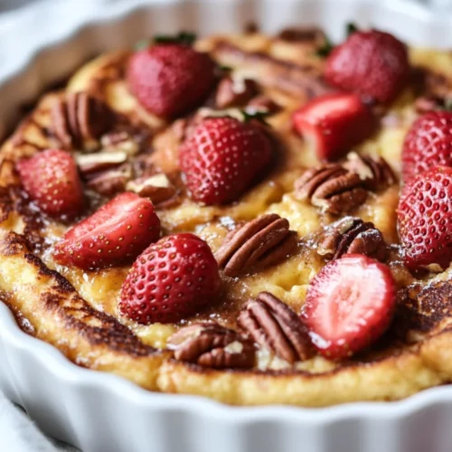 Baked French Toast With Strawberries - Healthy &Amp; Easy Breakfast 2 Baked French Toast With Strawberries Topped With Pecans On A White Plate, Garnished With Fresh Strawberries