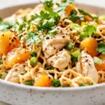 Baked Nectarine Chicken Salad In A White Bowl Topped With Crispy Noodles And Fresh Green Onions