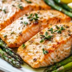 Baked Salmon And Asparagus On A White Plate Garnished With Fresh Thyme And Lemon Wedges