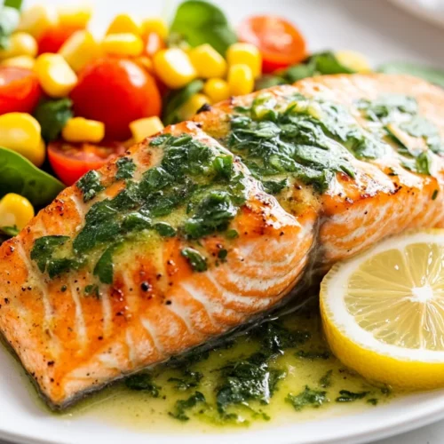 Baked Salmon With Basil Sauce: A Healthy &Amp; Delicious Dinner Recipe 2 Baked Salmon With Basil Sauce On A White Plate, Garnished With Fresh Herbs And Lemon Slices, Served With Tomato Salad.