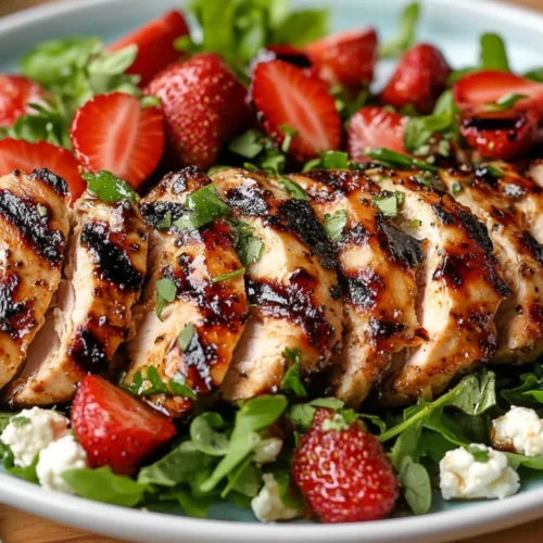 Balsamic Grilled Chicken Salad With Strawberries &Amp; Goat Cheese 2 Balsamic Grilled Chicken Salad On A White Plate With Strawberries, Goat Cheese, And Greens Drizzled With Vinaigrette