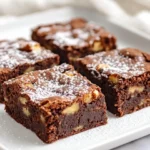 Delicious Banana Bread Brownies On A White Plate, Dusted With Powdered Sugar And Garnished With Walnuts.