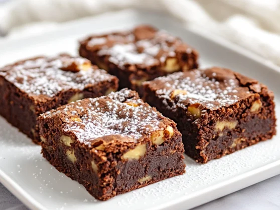 Delicious Banana Bread Brownies On A White Plate, Dusted With Powdered Sugar And Garnished With Walnuts.