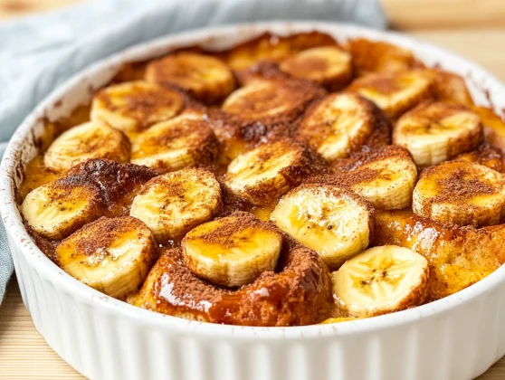 Delicious Banana Bread Pudding In A White Dish, Topped With Caramel Sauce And Sliced Bananas