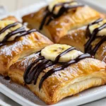 Freshly Baked Banana Chocolate Dessert Puff Pastry On A White Plate, Drizzled With Chocolate And Garnished With Banana Slices