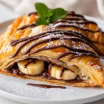 Golden Banana Chocolate Puff Pastry Drizzled With Chocolate On A White Plate Garnished With Mint
