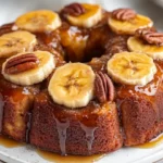 Upside Down Banana Monkey Bread On A White Plate, Topped With Sliced Bananas And Caramel Glaze