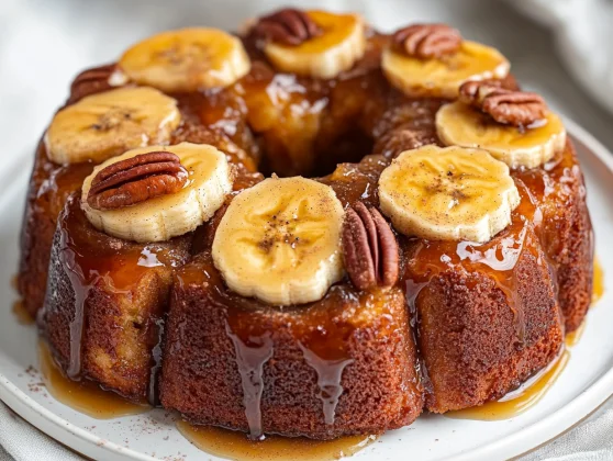 Upside Down Banana Monkey Bread On A White Plate, Topped With Sliced Bananas And Caramel Glaze
