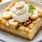 Delicious Banana Squares Topped With Whipped Cream And Banana Slices On A White Plate With A Light Background