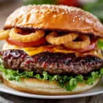 Bbq Burger Topped With Fresh Lettuce, Tomato, And Onion Rings On A White Plate, Garnished With Herbs