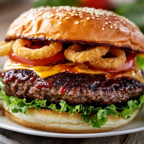 Bbq Burger Topped With Fresh Lettuce, Tomato, And Onion Rings On A White Plate, Garnished With Herbs