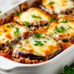 Layered Beef Eggplant Parmesan In A White Baking Dish, Topped With Melted Cheese And Parsley Garnish