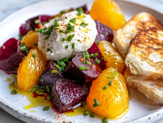 Vibrant Beet And Burrata Salad With Fried Bread On A White Plate, Garnished With Chives And Orange Segments.