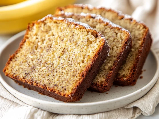 Best Banana Bread Cake Recipe: Moist, Easy &Amp; Irresistible 2 Best Banana Bread Cake Slices On A White Plate, Dusted With Sugar And Set On A Linen Towel