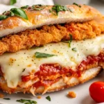 Best Chicken Parm Sandwich With Melted Cheese And Marinara Sauce On A White Plate, Garnished With Fresh Basil.