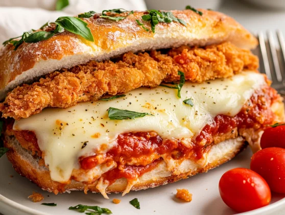 Best Chicken Parm Sandwich Recipe: Crispy, Cheesy &Amp; Healthy 2 Best Chicken Parm Sandwich With Melted Cheese And Marinara Sauce On A White Plate, Garnished With Fresh Basil.