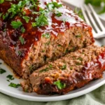 Sliced Best Classic Meatloaf On A White Plate, Garnished With Parsley And Served With A Light Glaze